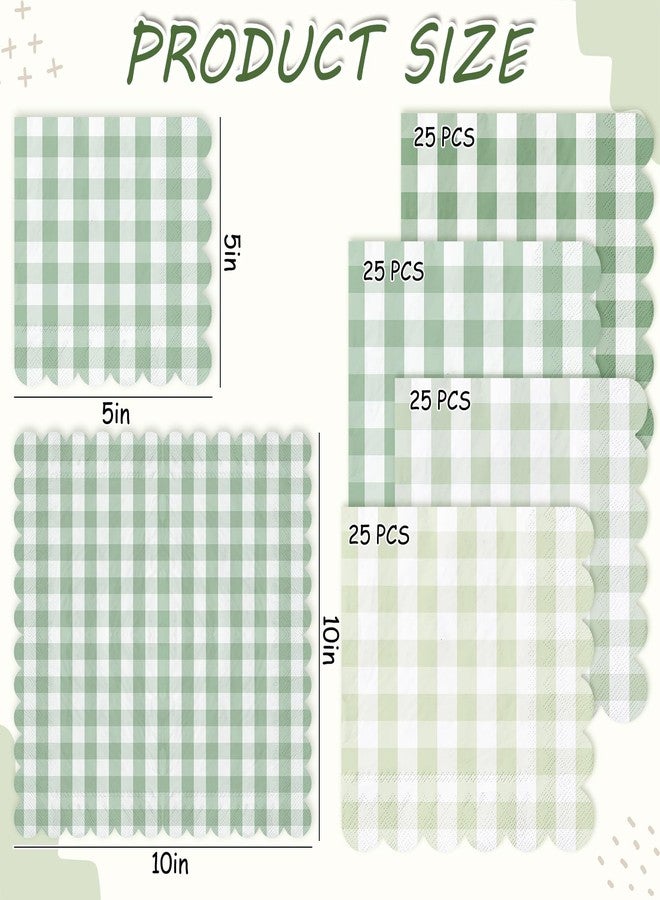 Whaline 100Pcs Sage Green Gingham Napkins Green Scalloped Cocktail Napkins Paper Plaid Beverage Napkin for Summer Picnic Barbecue Wedding One Lucky Duck Birthday Baby & Bridal Shower,5 x 5 Inches - Image 2